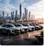 Illustration: a row of new vehicles in front of a modern city