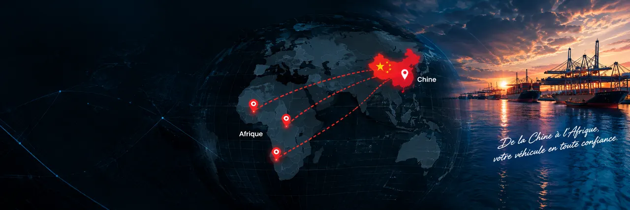 Globe showing sea routes from China to several African ports, and a container port at sunset