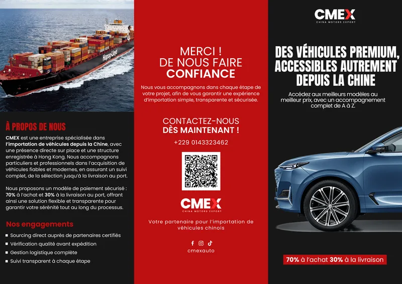 Three-panel CMEX brochure: container ship, company profile and contact details, premium vehicle.