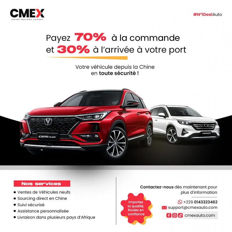 Poster reading "Pay 70% on order and 30% on arrival at your port", with two Chinese vehicles shown side by side.